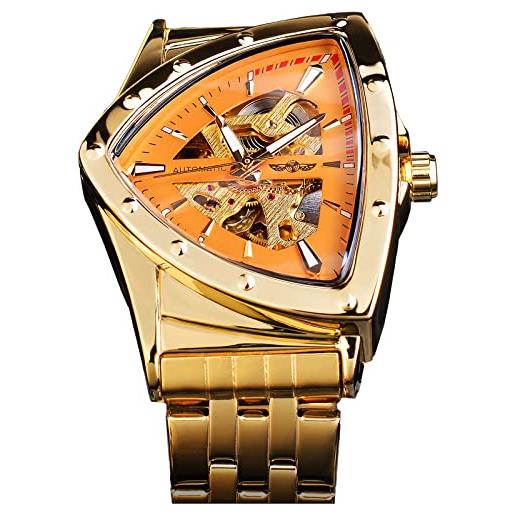 FORSINING triangolo scheletro uomo automatico meccanico orologio di lusso oro nero acciaio inossidabile orologi impermeabile luminoso, oro oro, moderno