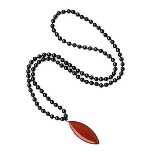 COAI collana rosario mala 108 perle di pietre naturali onice nero annodate a mano con ciondolo foglia di diaspro rosso