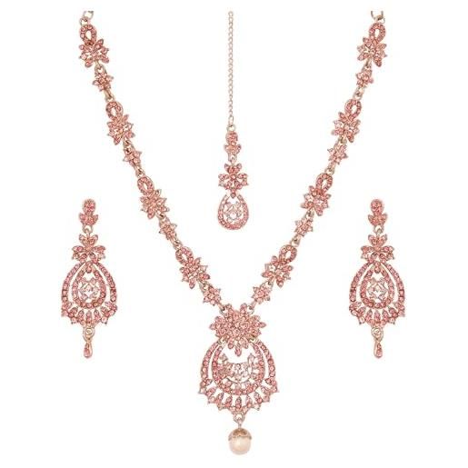 Touchstone new indian bollywood awesome fine workmanship stylish studded diamond look baby pink rhinestone designer jewelry necklace set in silver tone for women. 