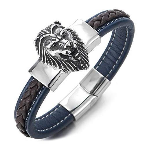 COOLSTEELANDBEYOND grande uomo blu navy marrone pelle intrecciata bracciale braccialetto con acciaio leone testa, biker