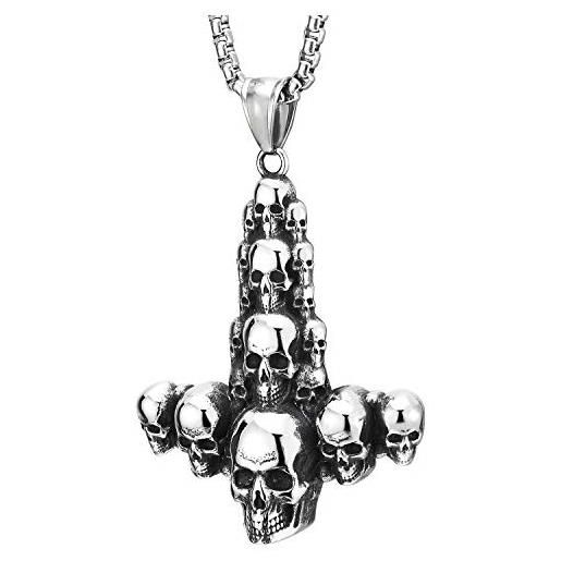 COOLSTEELANDBEYOND annata accatastamento cranio rovesciato croce ciondolo, collana con pendente teschio da uomo, acciaio, catena grano 75cm