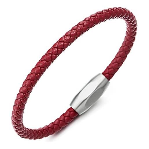 COOLSTEELANDBEYOND sottile rosso pelle intrecciata braccialetto da uomo donna, bracciale fascia di polso, acciaio ovale chiusura magnetica