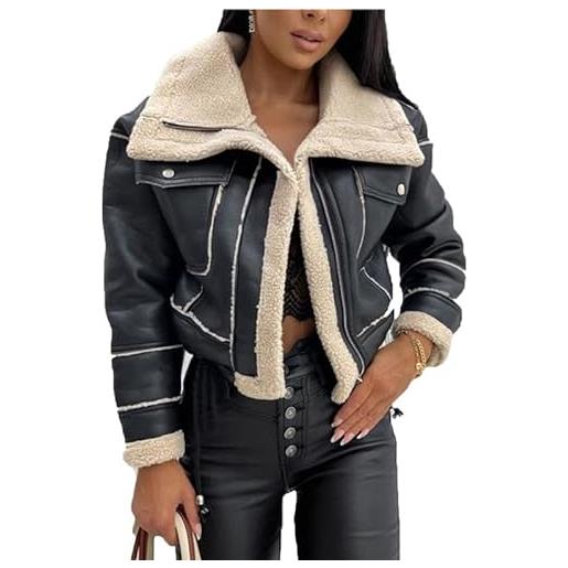 VIVICOLOR giacca invernale da donna foderata in finto sherpa giacca da aviatore corta in caldo pile di shearling sintetico