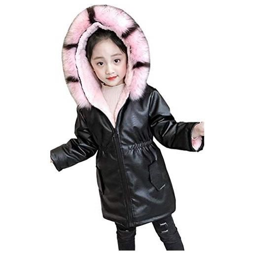 Nemopter - cappotto da bambina, versione coreana, lungo, con cappuccio di pelliccia, giubbotti con finta pelliccia rosa 140 cm(8-9 anni), 