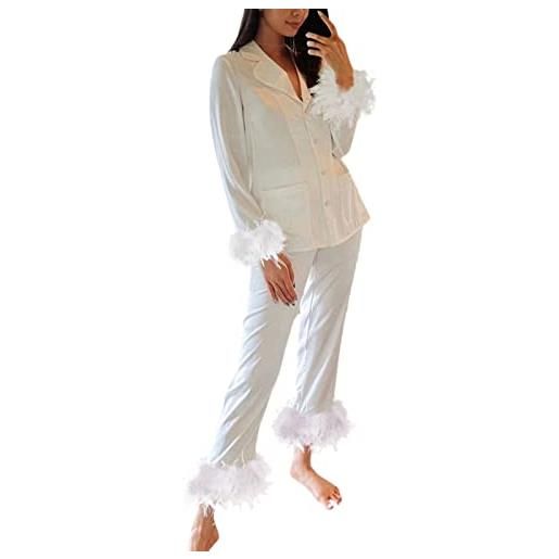 Mashaouyo pigiama da donna, set di pigiama invernale, in cotone a maniche lunghe, morbido, confortevole, caldo, 2 pezzi, per interni, pigiama e pigiama con piuma, set, bianco, xl