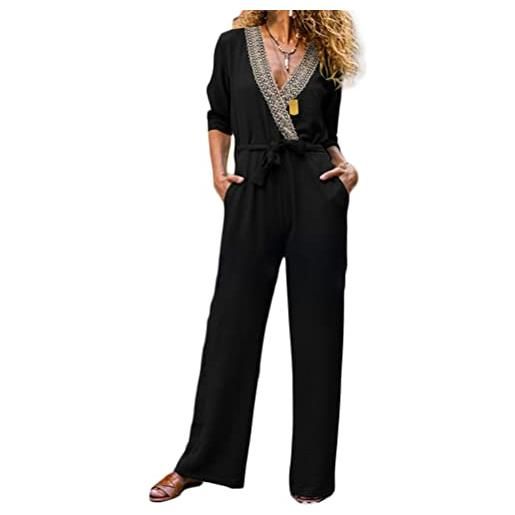 shownicer monopezzi e tutine da donna sexy scollo a v tuta in pizzo elegante solide manica lunga jumpsuit tuta lunga a vita alta overall monopezzi tutine con cintura e tasche a nero m