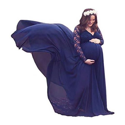 FEOYA vestito a maniche lunghe con pizzo premaman donna abito lungo maternità vestito per allattamento fotografia cerimonia elegante