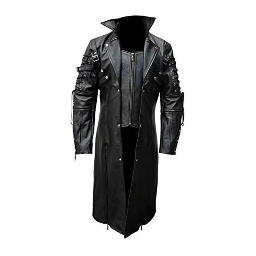Leather Addicts trench da uomo in vera pelle nera con matrice gotica steampunk gotico, nero , xxl