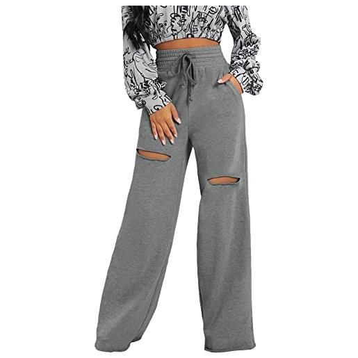 Floerns pantaloni lunghi da donna con coulisse elastica in vita gamba dritta, grigio chiaro, s