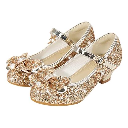 XUEJIANN scarpe da ragazza con tacco alto mary jane principessa matrimonio bowknot paillettes glitter cristallo scarpe per bambini eleganti scarpe da ballo con tacco partito scarpe da sera, gold, 25