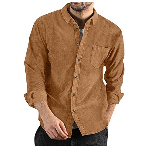 DAIFINEY camicia da uomo autunno inverno in velluto a coste casual a maniche lunghe tinta unita abbottonata camicie leggere camicia flanella uomo, marrone, l