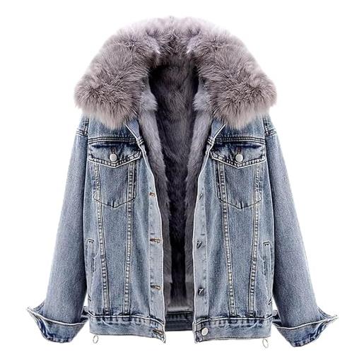 sujinxiu giacca di jeans con collo di pelliccia da donna cappotto di jeans foderato in pile sherpa invernale caldo cappotto di cappotto di parka di jeans classico vintage