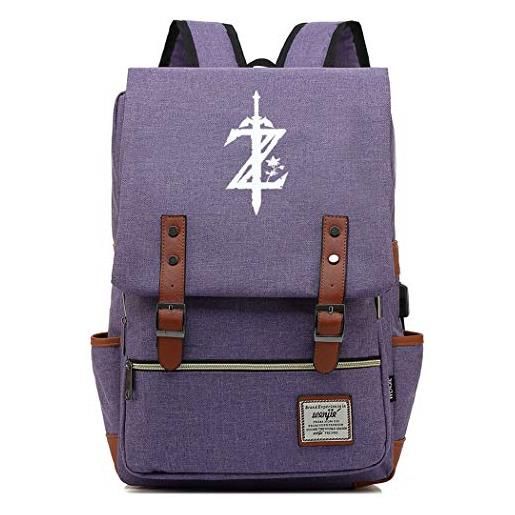 WANHONGYUE gioco the legend of zelda borsa da scuola studenti cartella zaino per laptop da 15,6 pollici backpack rucksack con porta di ricarica usb purple / 2