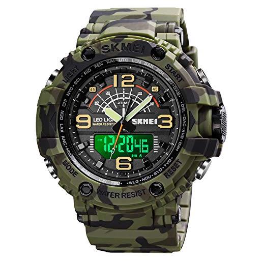 SKMEI orologio da polso militare da uomo, sportivo, tattico, per outdoor, impermeabile, 5 atm, con sveglia e cronometro, verde mimetico