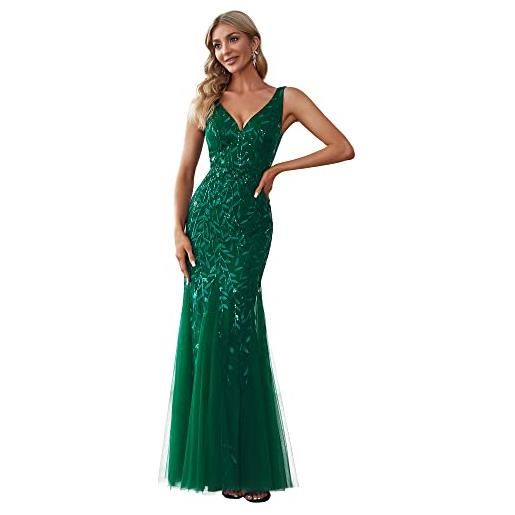 Ever-Pretty abiti da sera sirena lungo elegante scollo a v senza maniche con paillettes donna verde scuro 44