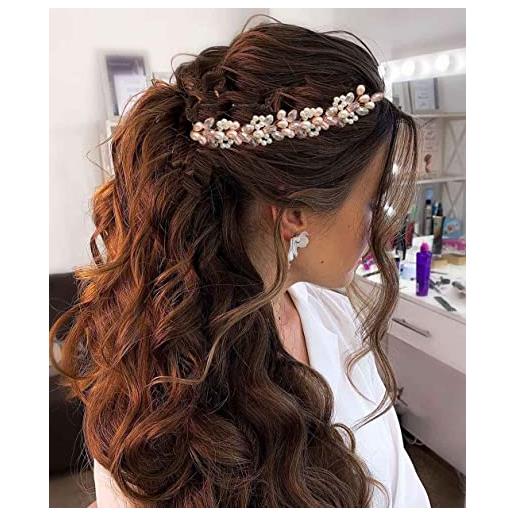 Unicra cerchietto per capelli da sposa in oro rosa con perle di vite e accessori per capelli da sposa per donne e damigelle d'onore