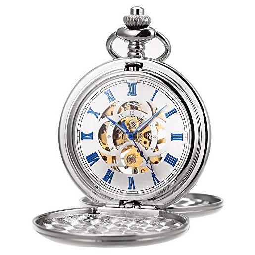 SIBOSUN orologio da tasca con catena analogico a carica manuale doppia cerniera antica orologio da tasca romano inciso per uomini color argento
