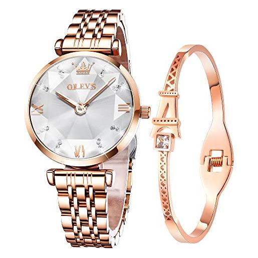 OLEVS orologi da donna in oro rosa, con diamanti piccoli, in acciaio inox, analogici, al quarzo, con calendario, luminosi, impermeabili, set regalo, 6642: bianco, bracciale