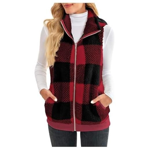 Yokbeer gilet foderato in pile fuzzy da donna, giacca reversibile con zip in sherpa, capispalla tascabile leggero e trapuntato caldo (color: burgundy, size: l)
