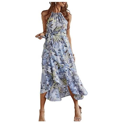 sujinxiu vestito lungo da donna con scollo all'americana boho con stampa floreale vestito elegante con volant a strati vestito a balze con spacco laterale vestito estivo da spiaggia con cintura