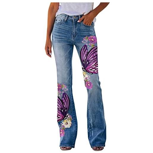 Generic pantaloni da donna con motivo stampato, orlo svasato, jeans, elasticizzati, parte inferiore svasata, pantaloni a quadri, da donna, lilla, xl