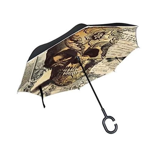 LANGYI vintage tatuaggio cranio antivento protezione uv auto inverto ombrello maschio grande doppio strato esterno invertito auto stand ombrello con c maniglia, teschio