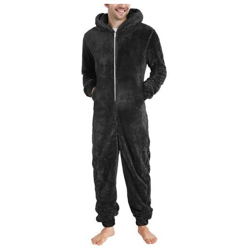 DondPO pigiama invernale da uomo, divertente, soffice, tuta intera in pile, da uomo, invernale, caldo, morbido, in flanella, lungo, nero , s