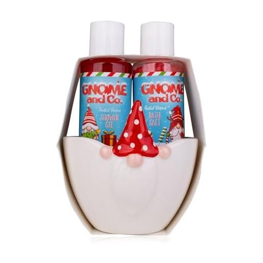 Accentra gnome & co - set da bagno in ciotola in ceramica, con gel doccia da 100 ml, 110 g di sali da bagno, fragranza: berries frosted - blu/rosso