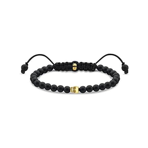 Thomas Sabo bracciale da uomo con teschio nero e oro, in perle ossidiana nere, in argento sterling 925 placcato oro giallo 750, lunghezza: 15-22 cm, a2015-848-11-l22v, 15-22 cm, gemma argento sterling