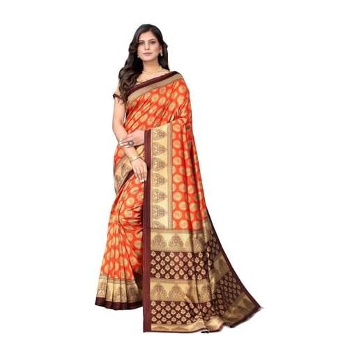 IMTRA FASHION sari tradizionale indiano da donna in seta, con camicetta non cucita, arancione e marrone, l