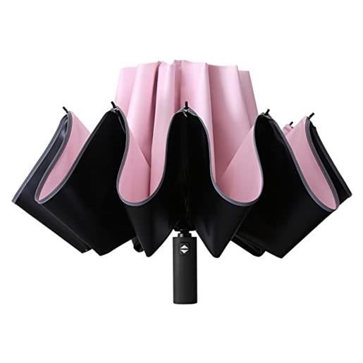 XuanMax ombrello inverso pieghevole con strisce riflettenti auto apri/chiudi 10 costole antivento invertito ombrello da viaggio ombrello pioggia/sole anti uv per uomo donna adulti bambini - pink