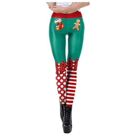 FEOYA leggins da donna a vita alta pantaloni natalizi collant lunghi colorati pantaloni sportivi elasticizzati costume natalizio verde-xl