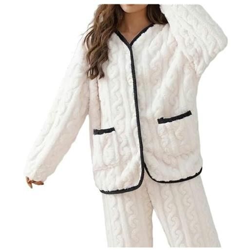 MdybF pigiama donna invernale set inverno caldo pigiama set pijamas pantaloni maniche lunghe carino soft home wear vestiti per le donne-bianco-l