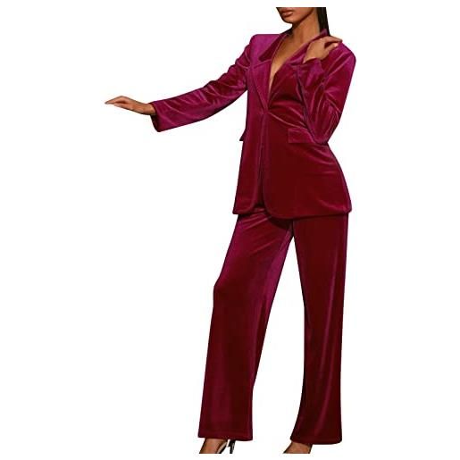 OBiQuzz autunno inverno giacca casual pantaloni a gamba larga abito in velluto coreano abbigliamento battesimo donna, colore: rosso, s