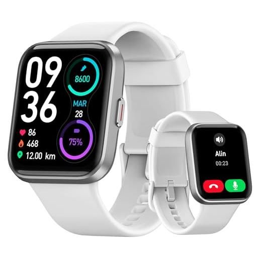Tensky smartwatch donna uomo1.8 orologio chiamate e risposta alexa integrata smart watch con cardiofrequenzimetro spo2 stress, 100 modalità sport, monitoraggio del sonno ip68, per android ios bianco