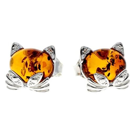 SilverAmber Jewellery gl192 - orecchini a lobo in vero ambra baltica e argento sterling 925, con gattino, colore: argento sterling, carta gemma argento ambra, ambra