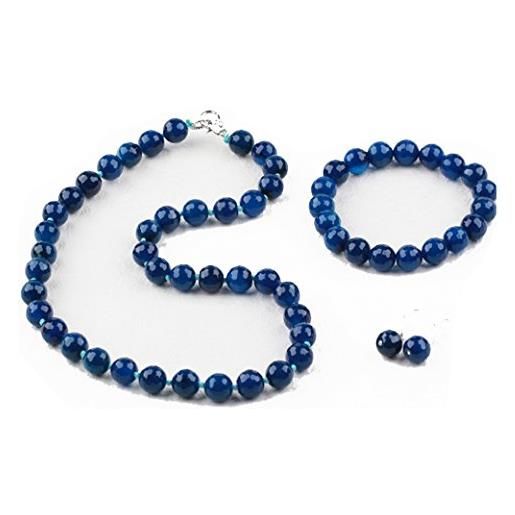 Treasurebay, set di gioielli: orecchini, collana e bracciale, con pietre di agata blu sfaccettata, lussuosa scatola regalo, 12 mm