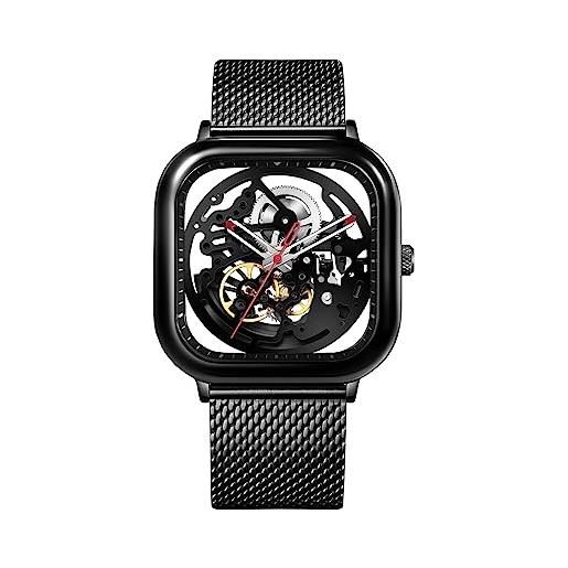 CIGA Design orologio automatico uomo - c series orologio donna 40mm da polso meccanico con design scheletro, quadrato, con cinturino in milanese e pelle(nero)