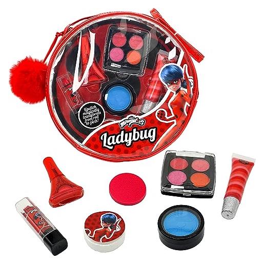 Miraculous ladybug, set makeup 10-in-1 per bambini con smalto per unghie, rossetto, polvere compatta, lucidalabbra. . . E pom-pom. Versione marinette, ladybug o rena rouge (wyncor) (ladybug)