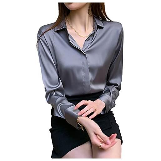 HIYIRUI camicetta da donna in raso moda moda manica lunga satinata seta camicia da lavoro ufficio top casual camicia, grigio, l