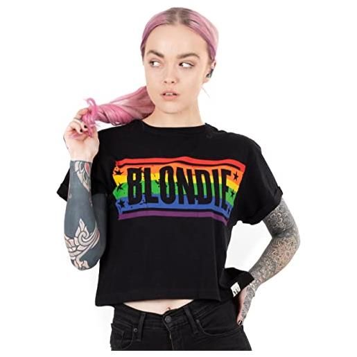 Blondie t-shirt ritagliata donne signore rainbow band band logo nero crop m