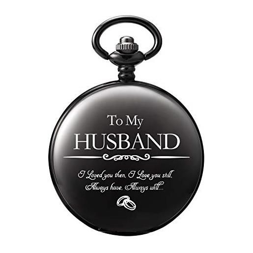 TREEWETO orologio da tasca inciso per uomini marito a mio marito orologi da tasca per marito per il compleanno di san valentino matrimonio, nero , nan