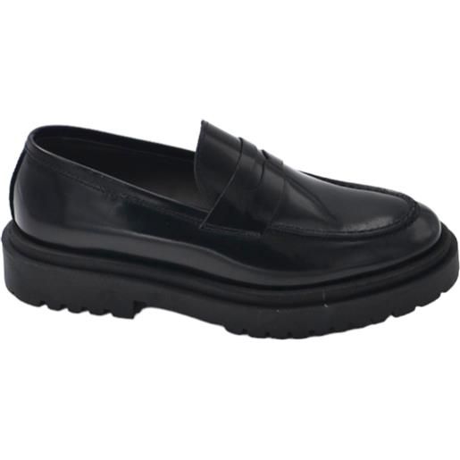 Malu Shoes mocassini uomo college con bendina in vera pelle abrasivata nera spazzolato fondo gomma alto nero 4,5 cm