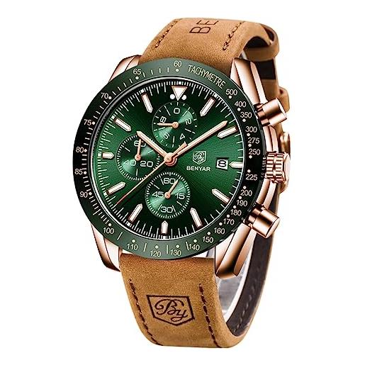 BY BENYAR orologio da uomo benyar, quadrante grande con cronografo alla moda classica, orologio da uomo con cinturino in pelle marrone sportivo casual regalo（oro e verde）