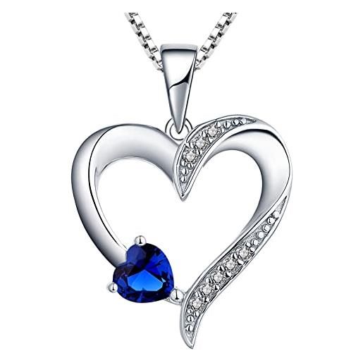 YL collana cuore argento 925 tagliato settembre pietra portafortuna spinello blu collana con ciondolo a doppio cuore per donna, 45-48 cm