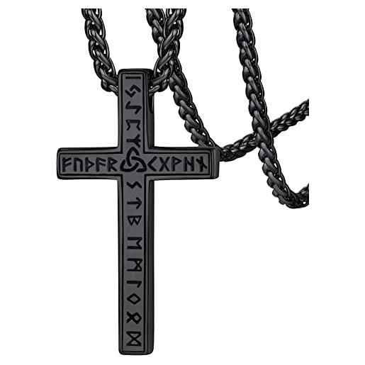 FaithHeart collana uomo croce runica vichinga crocifisso con nodo celtico argento/nero acciaio inox 316l antiallergico amuleto talismano catena 55+5 cm regalo compleanno