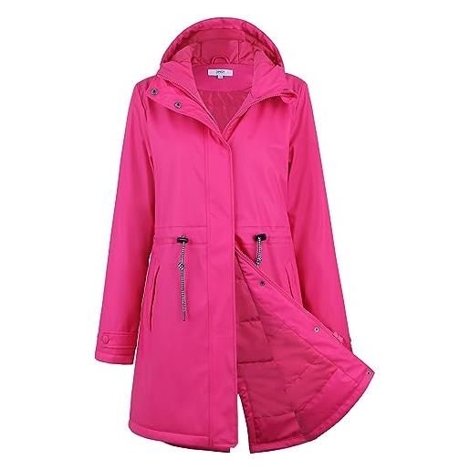 Peter Patter giacca impermeabile da donna, impermeabile, foderata, in poliuretano, lunga con cappuccio, parka antipioggia per giacca a vento calda, rosa, 48
