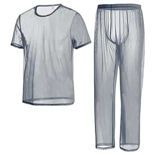 ZAIGELUO set da uomo sexy trasparente pajamas da uomo, in rete trasparente, casual, pantaloni da notte, 1 grigio, m
