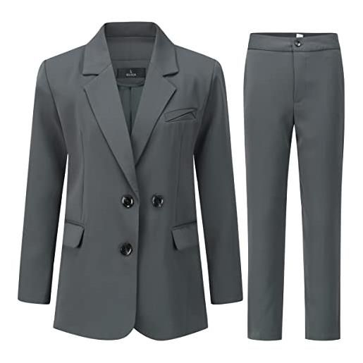 YUNCLOS pantaloni da donna, 2 pezzi, giacca da lavoro, ufficio, giacca da donna, a maniche lunghe, giacca e pantaloni, grigio, 42