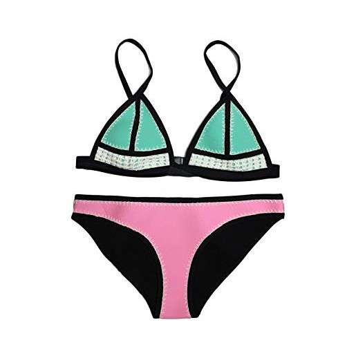 Ebuddy costume da bagno, bikini da donna con cuciture realizzate a mano e dettagli all'uncinetto, in neoprene 2-green+pink 48-50 (taglia xl)